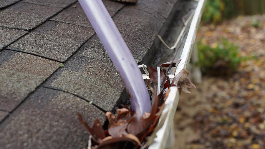 Close-up shot of a vacuum cleaning leaves and debris from a gutter on a black-shingled roof.