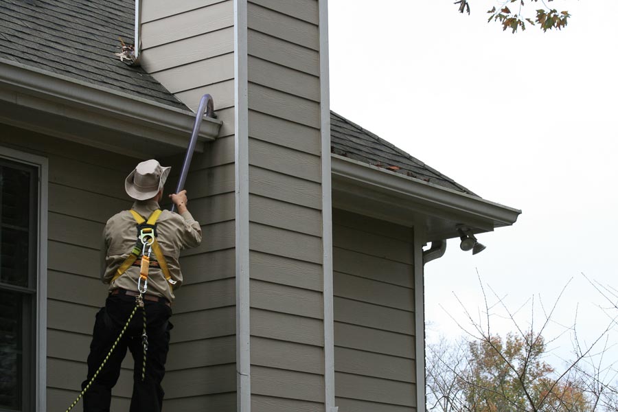 A technician cleans a gutter on the roof above him using a curved vacuum attachment.