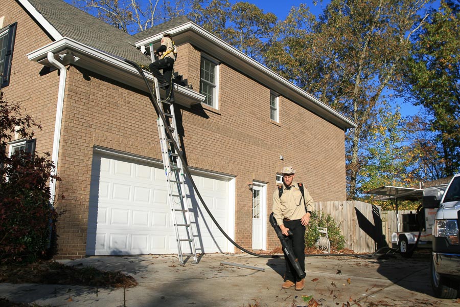 Two technicians work at a client’s home; one is blowing leaves out of the driveway while another is perched on a ladder vacuuming leaves from the gutter.